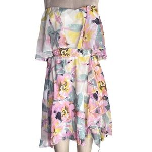 NWOT Chiffon floral strapless dress size 4 pastel flowers ruffle frill short